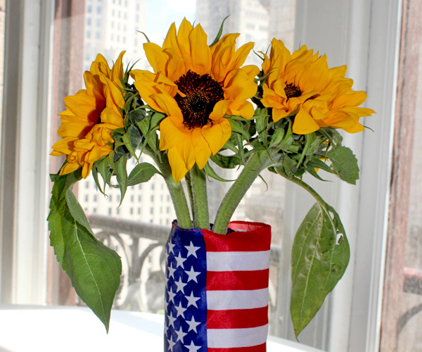 DIY 4th of July Decorations with red white and blue american flag vase with sunflowers