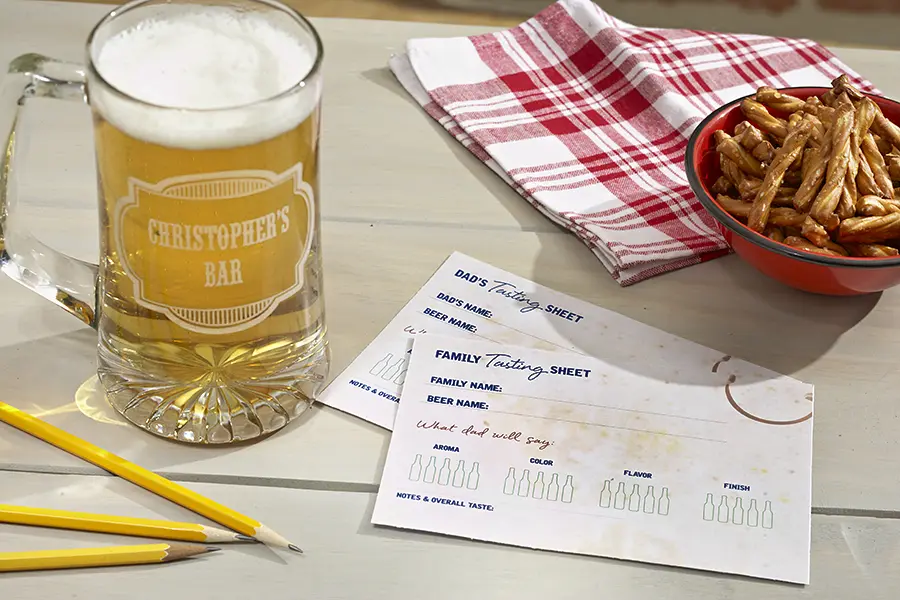 A photo of diy father’s day gifts with beer, pretzels, and a beer tasting sheet