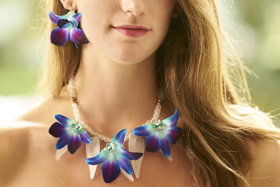 orchid jewelry with blue orchid necklace and earrings